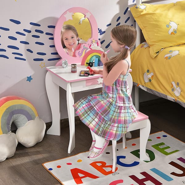 Unicorn vanity set discount with stool & mirror