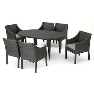 Benjamin 30 in. Grey 7-Piece Metal Oval Outdoor Dining Set with Silver Cushions