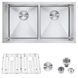 Brushed Nickel Stainless Steel 32 in. x 18 in. Double Bowl Undermount Kitchen Sink with Bottom Grid