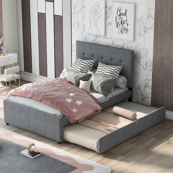 ANBAZAR Gray Full Platform Bed, Full Linen Upholstered Platform Bed with Button Tufted Headboard, Wood Platform Bed with Trundle