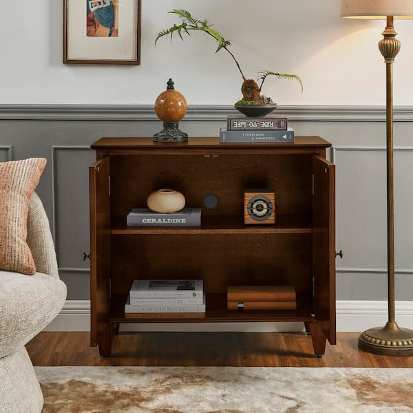 Linford Retro 33.58 in. W Walnut Wood Buffet Sideboard Cabinet with Symmetrical Geometric, 2-Door and Adjustable Shelf