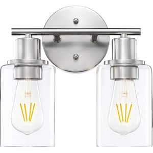 10.44 in. 2-Light Brushed Nickle Bathroom Vanity Light with Clear Glass Shades