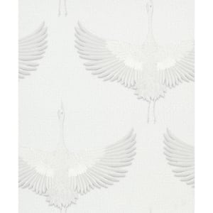 Kumano Collection White Textured Flying Storks Pearlescent Finish Non-Pasted Vinyl on Non-Woven Wallpaper Sample