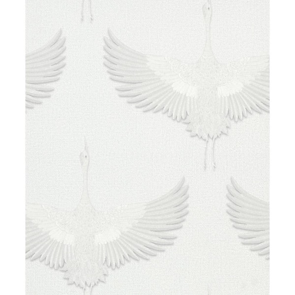 Unbranded Kumano Collection White Textured Flying Storks Pearlescent Finish Non-Pasted Vinyl on Non-Woven Wallpaper Sample