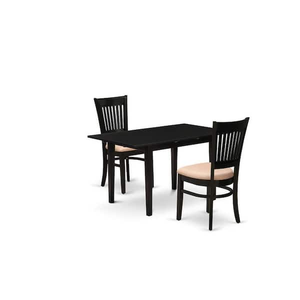 East West Furniture 3-Piece Black Finish Rectangular Solid Wood Top with Butterfly Leaf Dining Table Set