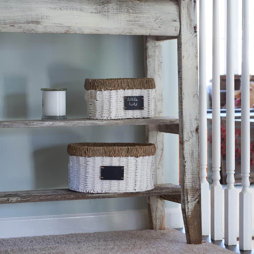 White Oval Seagrass and Paper Rope Storage Baskets, Set of 2