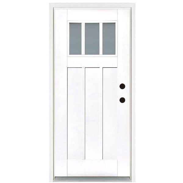 MP Doors 36 in. x 80 in. Smooth White Left-Hand Inswing 3-Lite Frosted Craftsman Finished Fiberglass Prehung Front Door