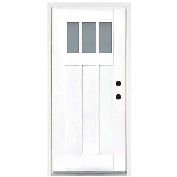 36 in. x 80 in. Smooth White Left-Hand Inswing 3-Lite Frosted Craftsman Finished Fiberglass Prehung Front Door