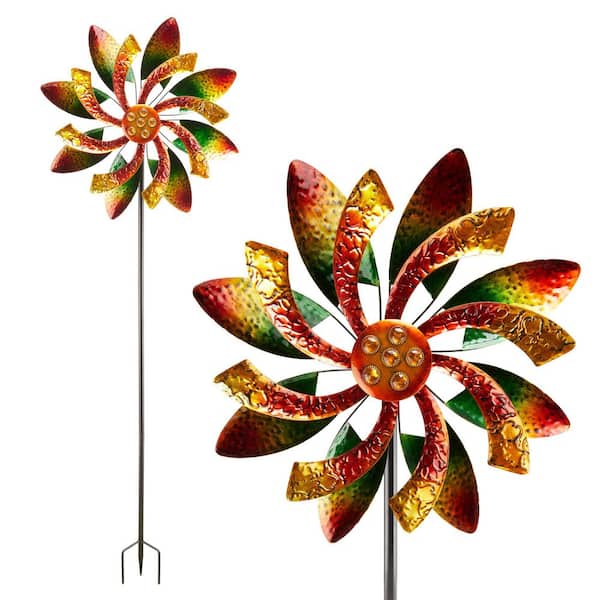 64 in. Tall Floral Windmill Stake with Jeweled Kinetic Spinner, Green and Orange