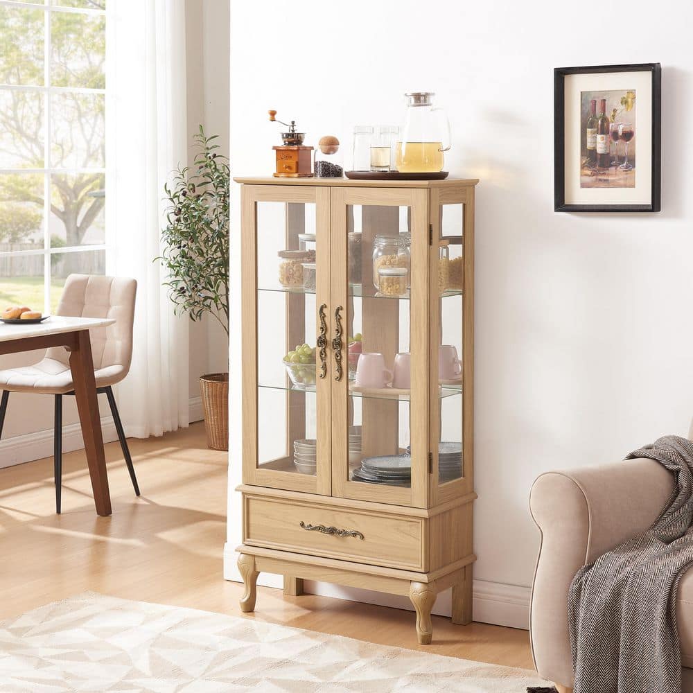 51.58 in. H Light Oak Curio Cabinet, Glass Display Cabinet, Wine Cabinet with LED Lights, 2-Doors and Adjustable Shelves price history on PriceWatchPro