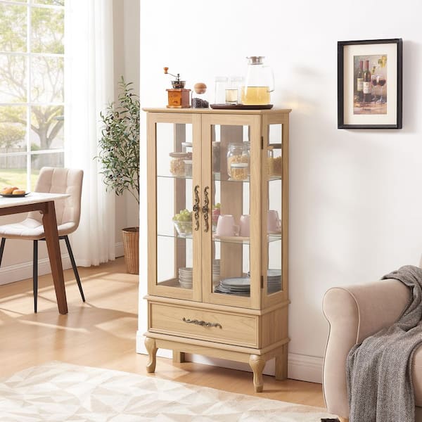 GOGEXX 51.58 in. H Light Oak Curio Cabinet, Glass Display Cabinet, Wine Cabinet with LED Lights, 2-Doors and Adjustable Shelves