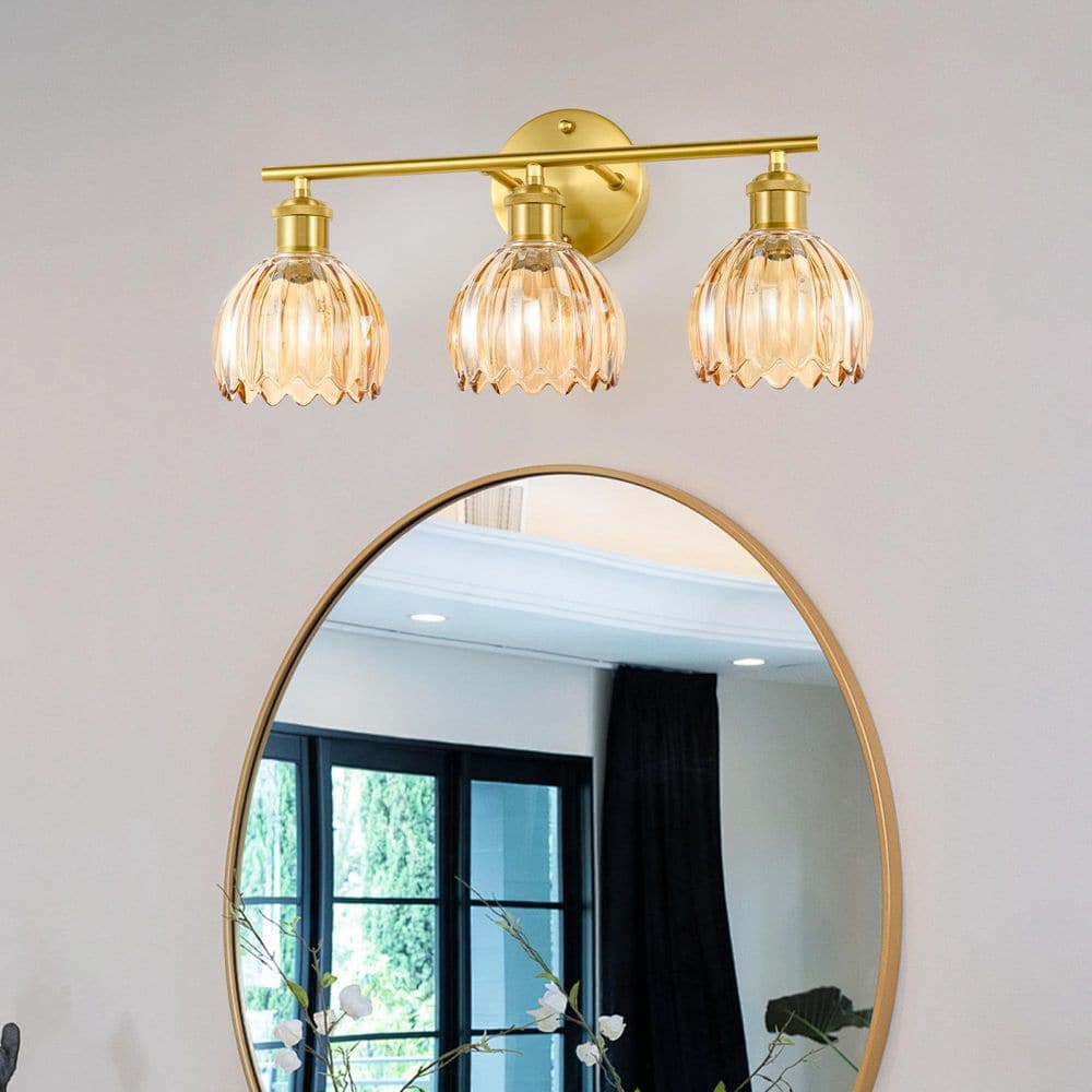 HKMGT 19.3 in. 3-Light Brass Vanity Light Bathroom Light Fixtures Wall Light Over Mirror with Amber Tulip Glass Shade JQD06GDAB3T