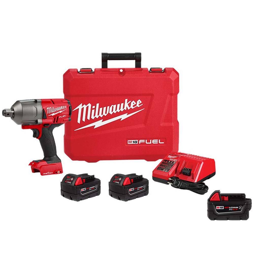 Milwaukee M18 Fuel One-Key 18-Volt Li-Ion Brushless Cordless 3/4 in. High-Torque Impact Wrench W/F Ring, (3) Resistant Batteries #2864-22R-48-11-1850R