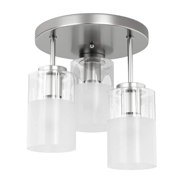 Sonoma11. 5 in.-3 Lights Modern Brushed Nickel Clear Glass + Frosted Glass Cluster Semi Flush Mount Ceiling Light