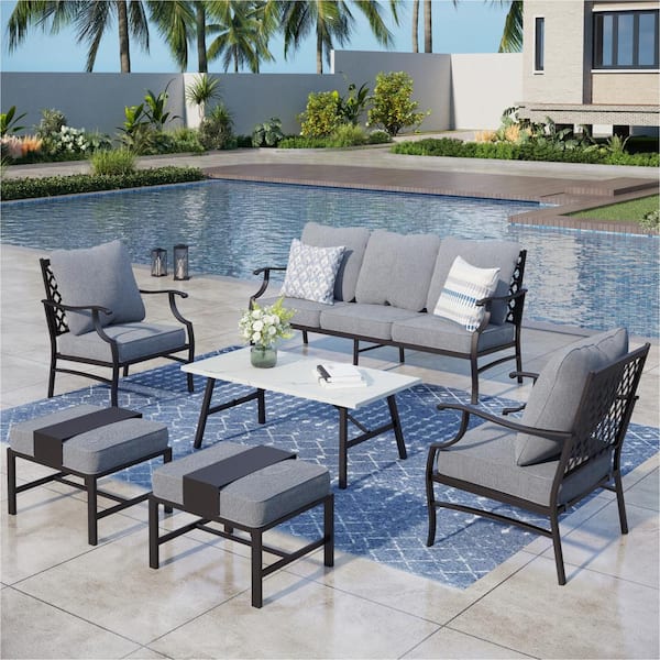 PHI VILLA Black Meshed 7-Seat 6-Piece Metal Outdoor Patio Conversation Set with Gray Cushions and Table with Marble Pattern Top