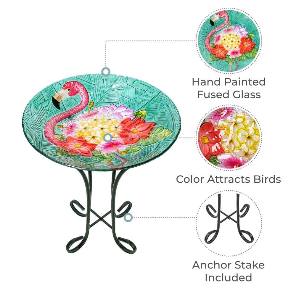 Tropical Flamingo Fusion Glass Birdbath with Metal Stand