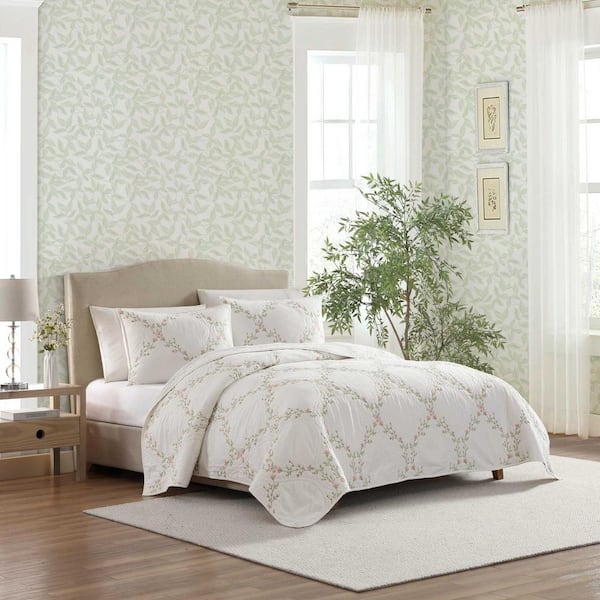 Laura Ashley Floral Embroidery 3-Piece Pink/Green Cotton Full
