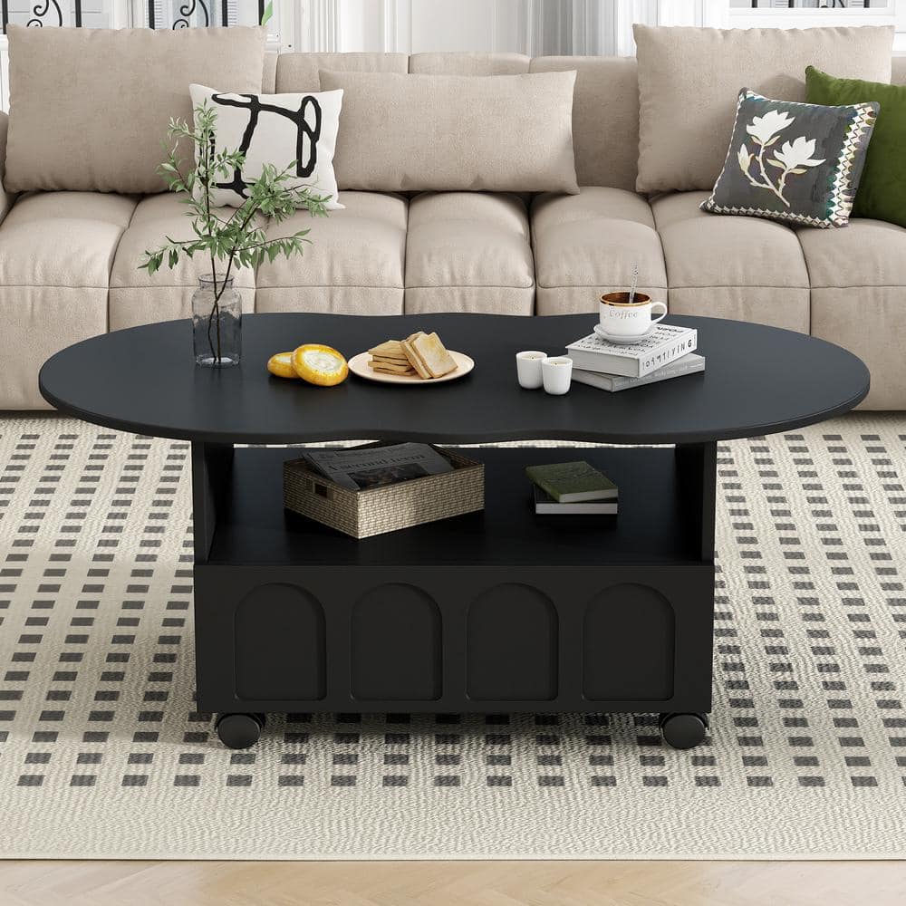 23.6 in. Black Specialty Wood Coffee Table Side Table with 2 Brake Wheels 1