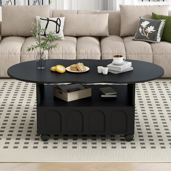 Unbranded 23.6 in. Black Specialty Wood Coffee Table Side Table with 2 Brake Wheels 1 Drawer Large Storage for Living Room