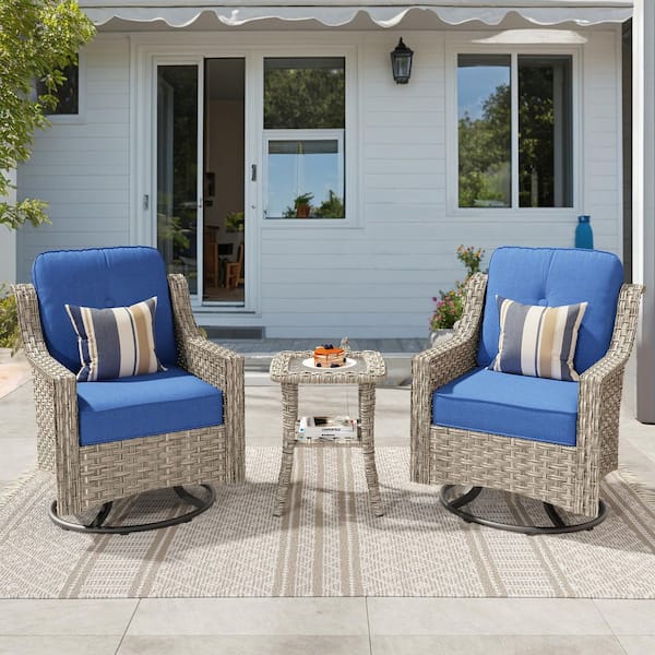 XIZZI Lumina 3-Piece Wicker Outdoor Rocking Chair Set with Navy Blue Cushions