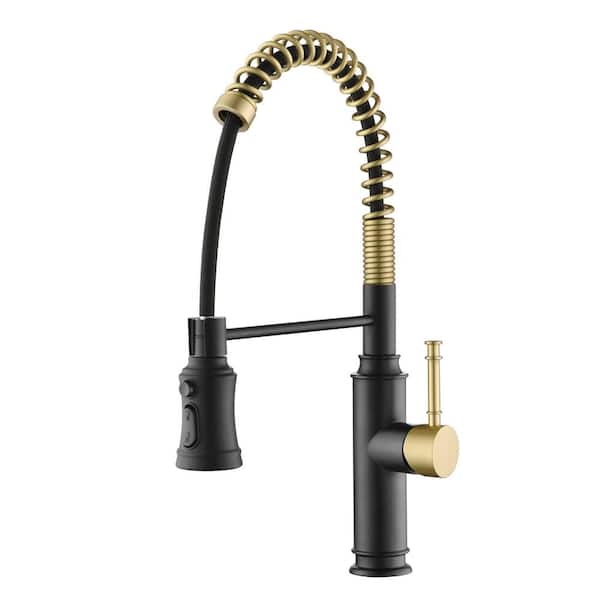 SUMERAIN Spring Faucet Single Handle Pull Down Sprayer Kitchen Faucet with Advanced Spray in Black & Gold