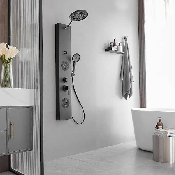 2-Jet Rainfall Shower Panel System with Rainfall Shower Head and Shower Wand in Matte Black