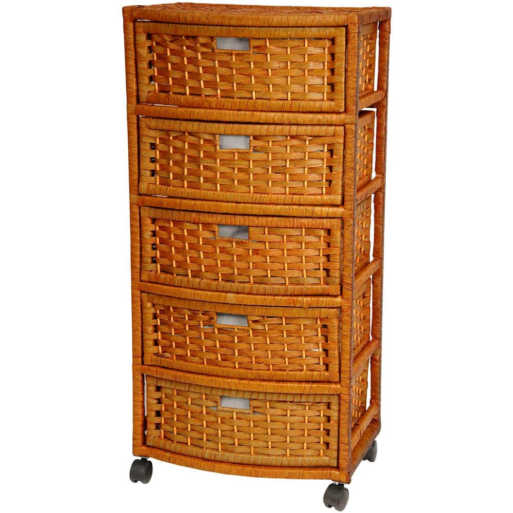 Honey Brown Woven Fiber 5-Drawer Storage Chest with Casters