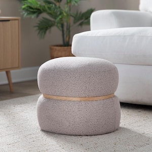 Cinch Beige Fabric and Natural Wood Pouf Ottoman