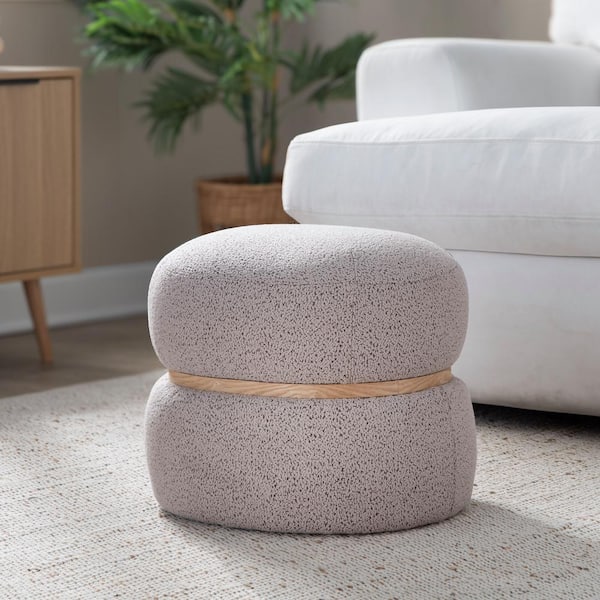 Cinch Beige Fabric and Natural Wood Pouf Ottoman