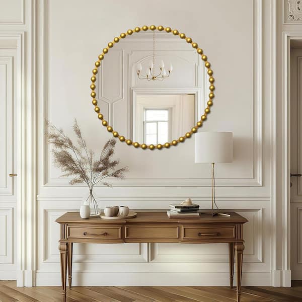 36 in. W x 36 in. H Luxury Round Gold Beaded Metal Frame Decorative Mirror Bathroom Mirror Wall Mirror