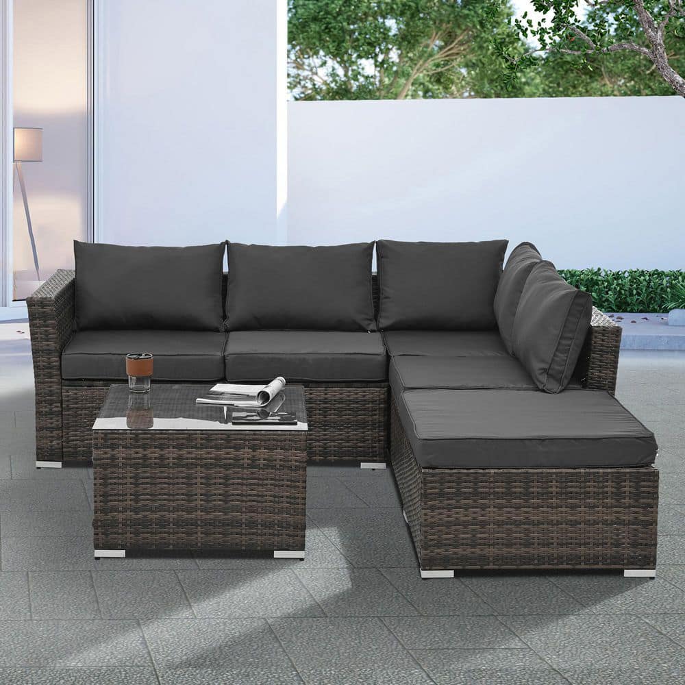 Coporesell 4-Piece Wicker Patio Conversation Set with Grey Cushions ...