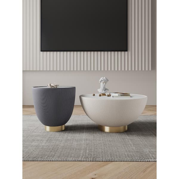 Manhattan Comfort Anderson 28.15 in. Cream and Grey Round Leatherette Upholstered Faux Marble Coffee Table with 18.43 in. End Table