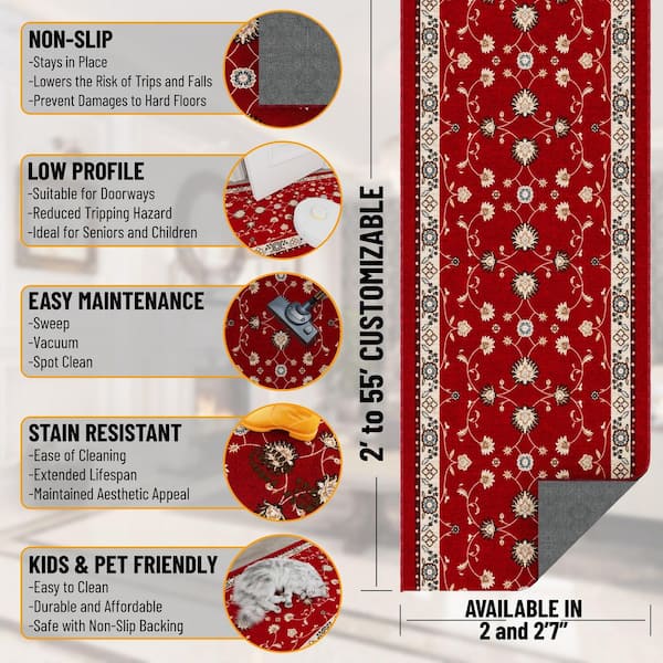 Ascend Non-Slip Rubberback Mahal Red 3 ft. x 7 ft. Indoor Custom Cut Runner Rug