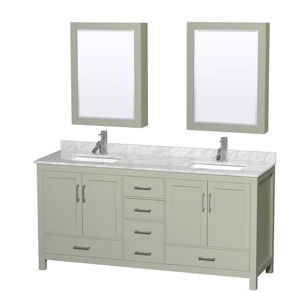 Wyndham Collection Sheffield 72 in. W x 22 in. D x 35 in. H Double Bath Vanity in Light Green with White Carrara Marble Top and MC Mirrors