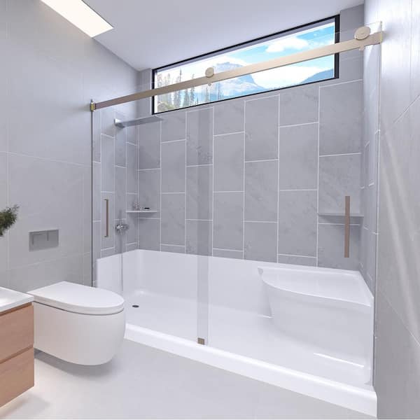 NuVo Slate Grey-Tetherow 60 in.L x 32 in. W x 83 in. H Base/Wall/Door Seated Base Alcove Shower Stall/Kit Brushed Nickel Left