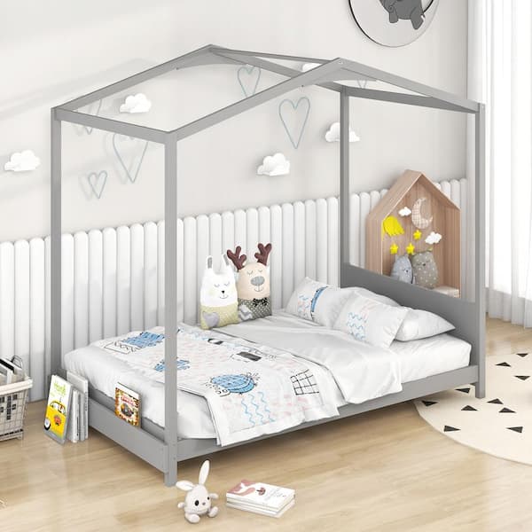 Qualler Gray Twin Size House Style Platform Bed with Headboard