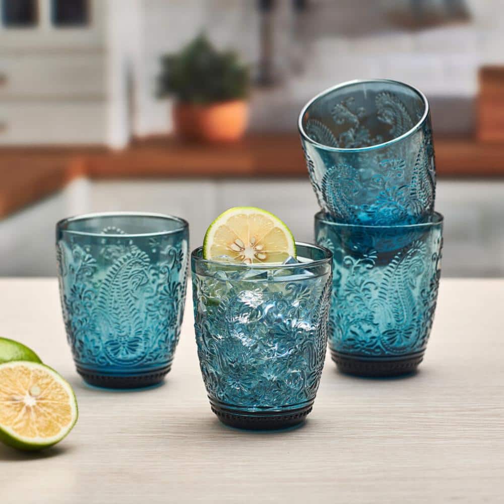 Maddi Indigo Blue Floral Etched Glass Set, 10 oz, Dishwasher Safe