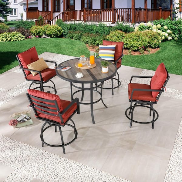 Patio Festival 5-Piece Metal Counter Height Outdoor Dining Set with Red Cushions