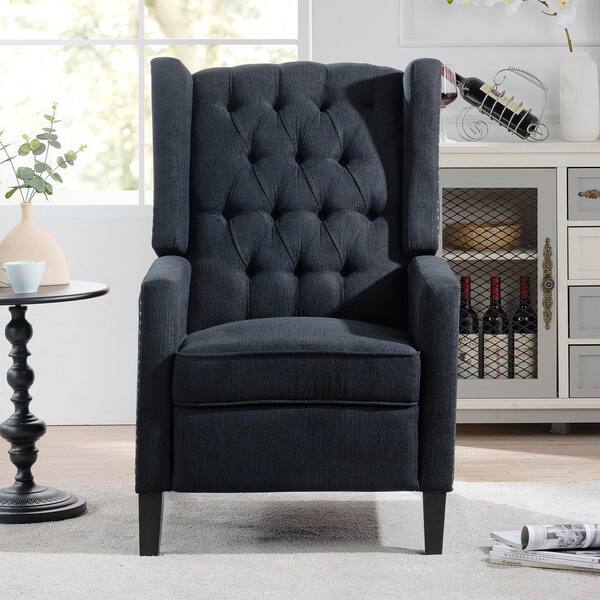 Modern Black Fabric Nailhead Trim Wide Manual Wing Chair Recliner 