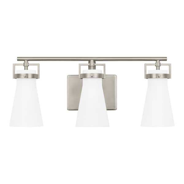 Home Decorators Collection Clermont 22 in. 3-Light Brushed Nickel Bathroom Vanity Light with Milk Glass Shades