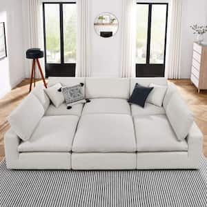 Commix 120 in. W Square Arm Down Filled Overstuffed Boucle Fabric 6-pieces Rectangle Sectional Sofa in Ivory