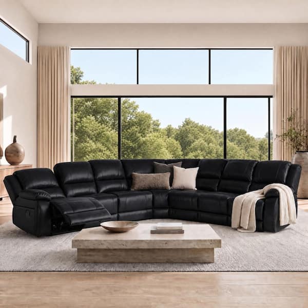119 in. 7-Seater Manual Recliner Faux Leather Modular Sectional Sofa Set in Black