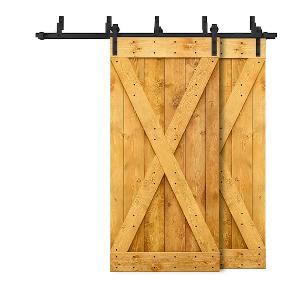 CALHOME 60 in. x 84 in. X Bypass Colonial Maple Stained DIY Solid Wood Interior Double Sliding Barn Door with Hardware Kit