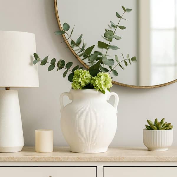 Liv & Skye 10 in. White Ceramic Weathered Decorative Amphora Vase