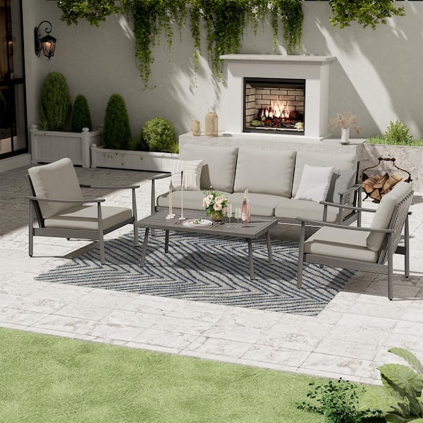 EGEIROSLIFE 4-Piece Aluminum Patio Conversation Set with Webbing Chair Back and Gray Cushions