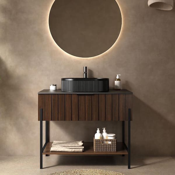 36 in. Freestanding Dark Walnut Bath Vanity with Black Sintered Stone Top and Black Ceramic Vessel