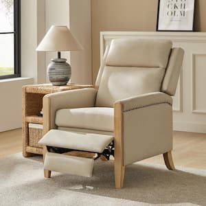 Ugo Beige Polyester Push Back Manual Recliner with Solid Wood Legs