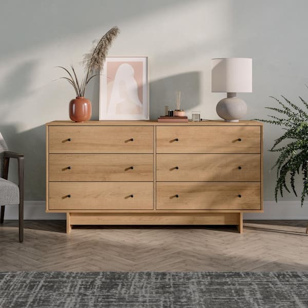 Prepac Finnley Natural Oak 6 Drawer Dresser 61 in. Wide Chest of Drawers, Dresser for Bedroom, Chest of Drawers for Bedroom