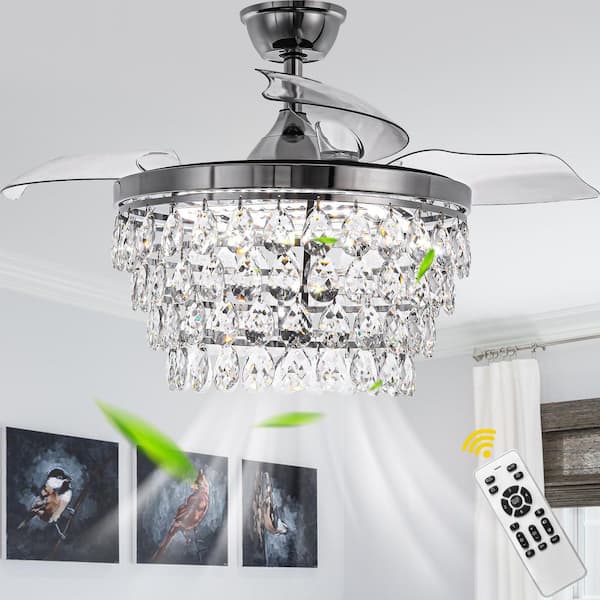 Cordoba 42 in. Indoor Modern Glam Crystal Chrome Ceiling Fan with Lights and Remote, 6-Speed Dimmable Chandelier Fan
