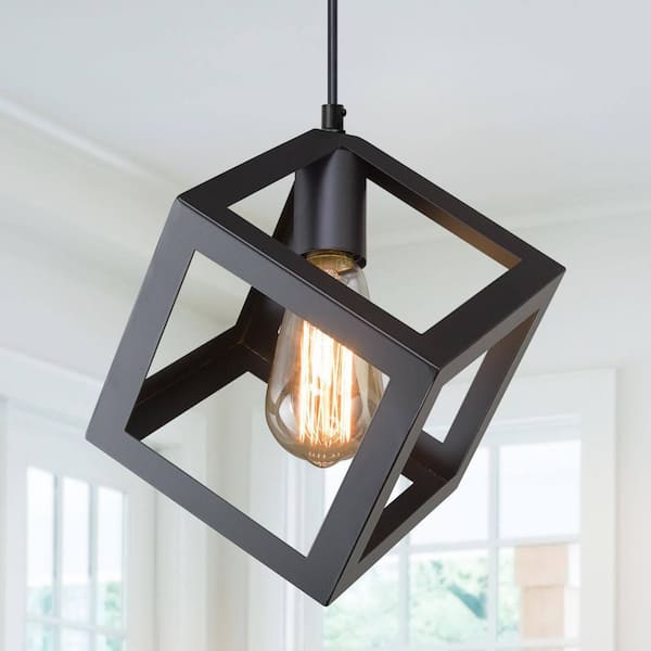 Modern Industrial Matte Black Square Pendant 1-Light Minimalist Chandelier Flush Mount for Kitchen Island LED Compatible